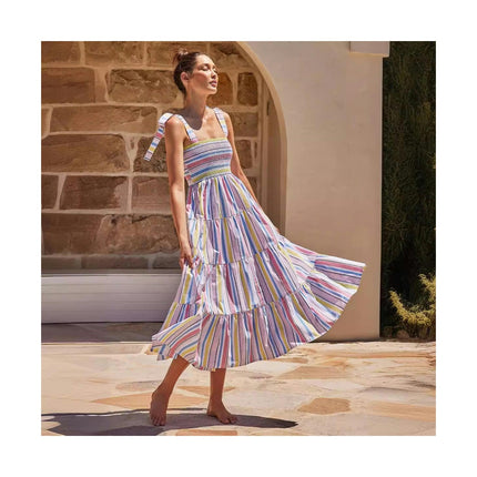 Women's Summer Boho Spaghetti Strap Ruffle A Line Beach Long Dress