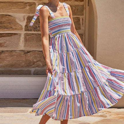 Women's Summer Boho Spaghetti Strap Ruffle A Line Beach Long Dress