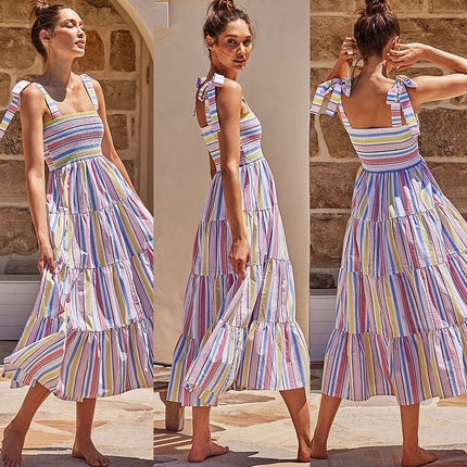 Women's Summer Boho Spaghetti Strap Ruffle A Line Beach Long Dress