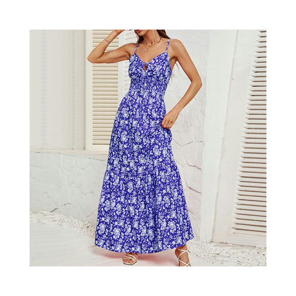 Womens Summer Sleeveless Spaghetti Strap A Line Long Floral Maxi Dress