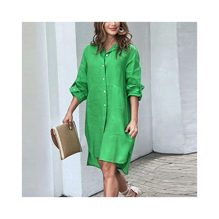 Women's Shirt Dress V Neck Long Sleeve Loose Casual with Pockets Front Button