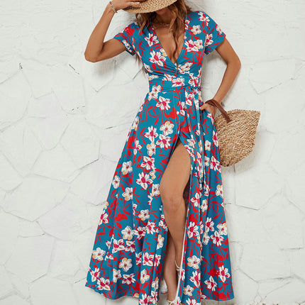 Womens Summer Floral Dress Wrap V Neck Tie Waist Short Sleeve Side Split Long Beach Dresses