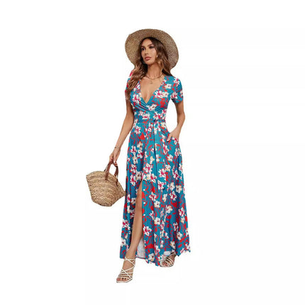 Womens Summer Floral Dress Wrap V Neck Tie Waist Short Sleeve Side Split Long Beach Dresses