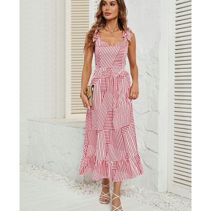 Women Maxi Dress Summer Spaghetti Strap V Neck Ruffle Beach Dress