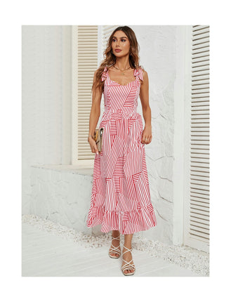 Women Maxi Dress Summer Spaghetti Strap V Neck Ruffle Beach Dress