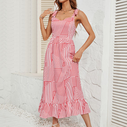 Women Maxi Dress Summer Spaghetti Strap V Neck Ruffle Beach Dress