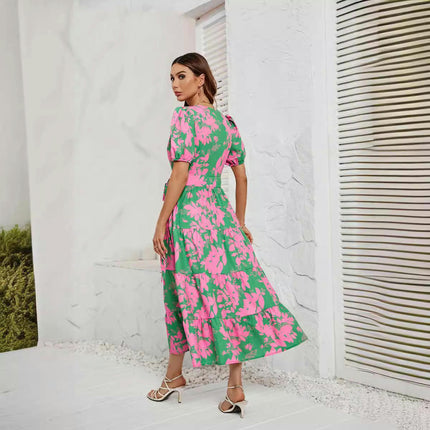 Women Wrap V Neck Short Sleeve Floral A Line Flowy Ruffle Belted Long Dress