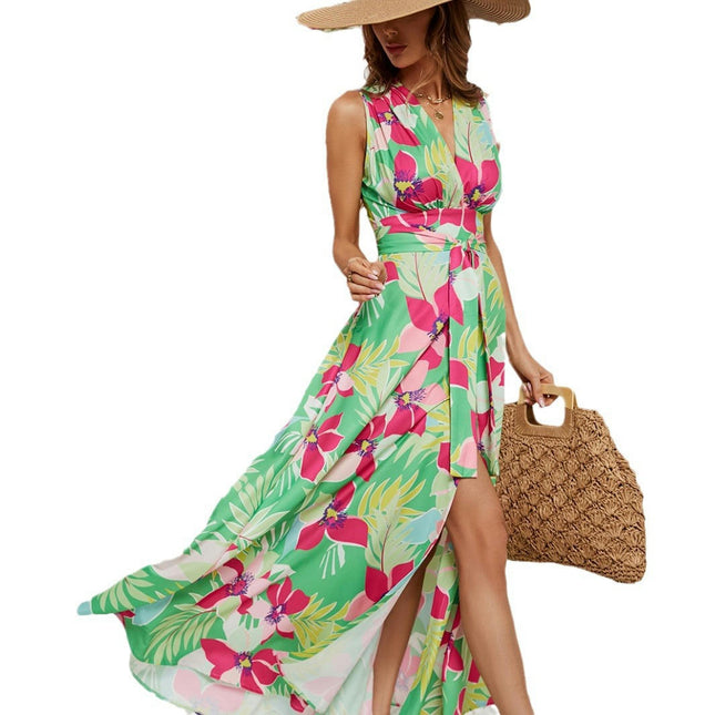 Women Wrap V Neck Floral A Line Flowy Sleeveless Belted Long Dress