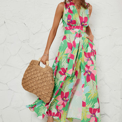 Women Wrap V Neck Floral A Line Flowy Sleeveless Belted Long Dress