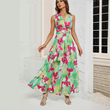 Women Wrap V Neck Floral A Line Flowy Sleeveless Belted Long Dress