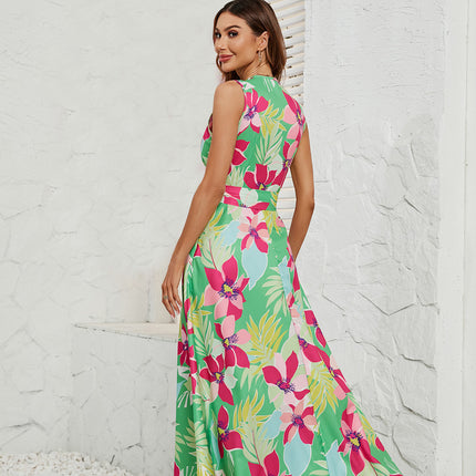 Women Wrap V Neck Floral A Line Flowy Sleeveless Belted Long Dress