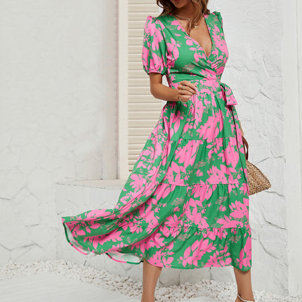 Women Wrap V Neck Short Sleeve Floral A Line Flowy Ruffle Belted Long Dress