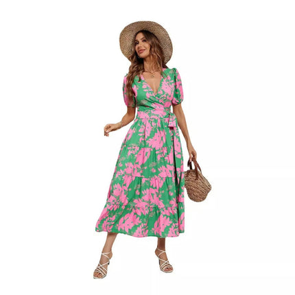 Women Wrap V Neck Short Sleeve Floral A Line Flowy Ruffle Belted Long Dress