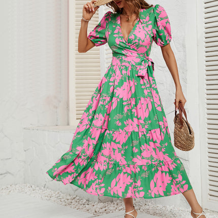 Women Wrap V Neck Short Sleeve Floral A Line Flowy Ruffle Belted Long Dress