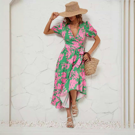 Women Wrap V Neck Short Sleeve Floral A Line Flowy Ruffle Belted Long Dress