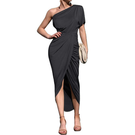 Women's One Off The Shoulder Ruched Wrap Front Split Hem Party Midi Dress