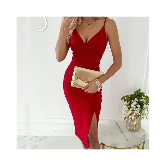 Women's Spaghetti Strap Midi Dress Sexy Slit Wrap V Neck Party Dress