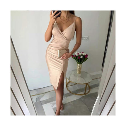 Women's Spaghetti Strap Midi Dress Sexy Slit Wrap V Neck Party Dress