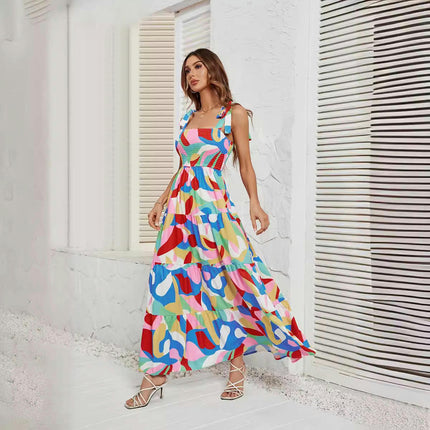 Women's Summer Spaghetti Strap Square Neck Flowy Ruffle Beach Long Maxi Dress