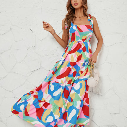 Women's Summer Spaghetti Strap Square Neck Flowy Ruffle Beach Long Maxi Dress