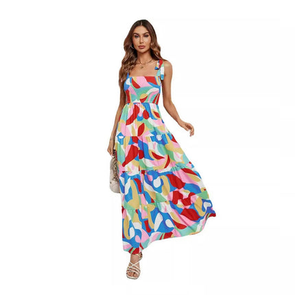 Women's Summer Spaghetti Strap Square Neck Flowy Ruffle Beach Long Maxi Dress