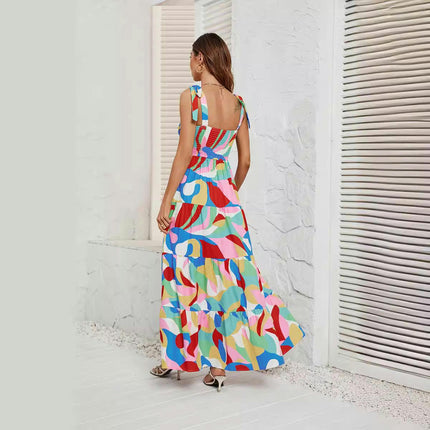 Women's Summer Spaghetti Strap Square Neck Flowy Ruffle Beach Long Maxi Dress