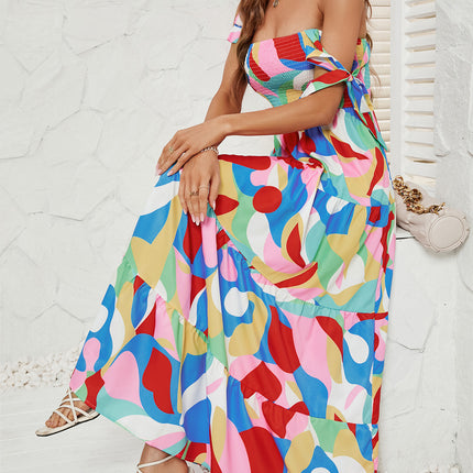 Women's Summer Spaghetti Strap Square Neck Flowy Ruffle Beach Long Maxi Dress