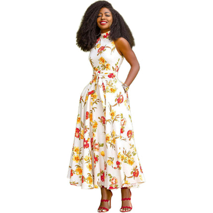 Women's Floral Sleeveless A Line Maxi Dress Mock Neck Belted Dresses