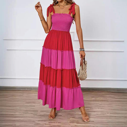 Women's Summer Boho Spaghetti Tie Strap Ruffle A Line Beach Long Maxi Swing Dress