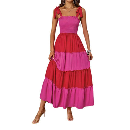 Women's Summer Boho Spaghetti Tie Strap Ruffle A Line Beach Long Maxi Swing Dress