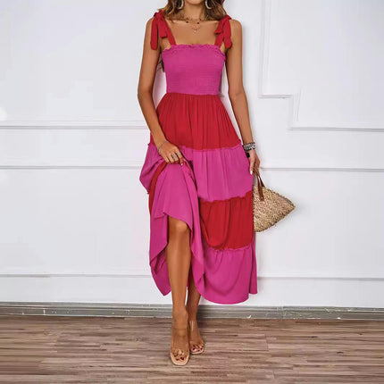 Women's Summer Boho Spaghetti Tie Strap Ruffle A Line Beach Long Maxi Swing Dress