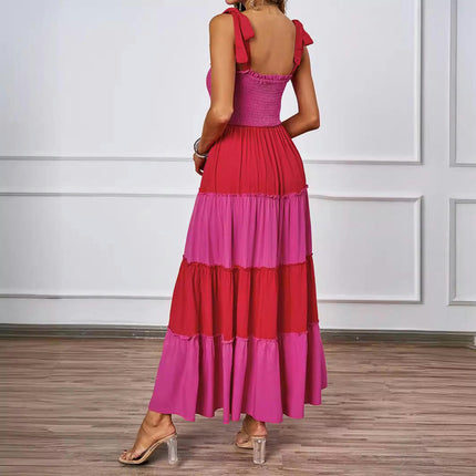 Women's Summer Boho Spaghetti Tie Strap Ruffle A Line Beach Long Maxi Swing Dress