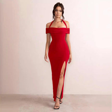 Women Sexy Off Shoulder Halter Neck Short Sleeve Wrap Formal Evening Gowns High Split Party Dress