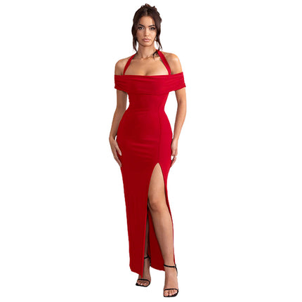 Women Sexy Off Shoulder Halter Neck Short Sleeve Wrap Formal Evening Gowns High Split Party Dress