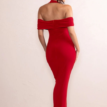 Women Sexy Off Shoulder Halter Neck Short Sleeve Wrap Formal Evening Gowns High Split Party Dress