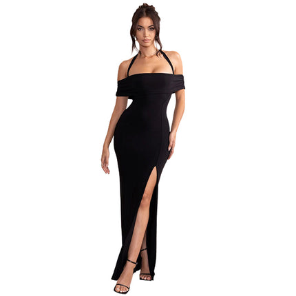 Women Sexy Off Shoulder Halter Neck Short Sleeve Wrap Formal Evening Gowns High Split Party Dress