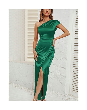 Women's Sexy One Shoulder Satin High Split Cocktail Wedding Party Maxi Dress-A1