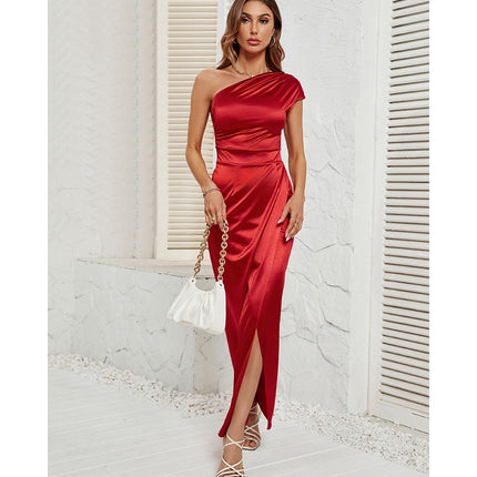 Women's Sexy One Shoulder Satin High Split Cocktail Wedding Party Maxi Dress-A1