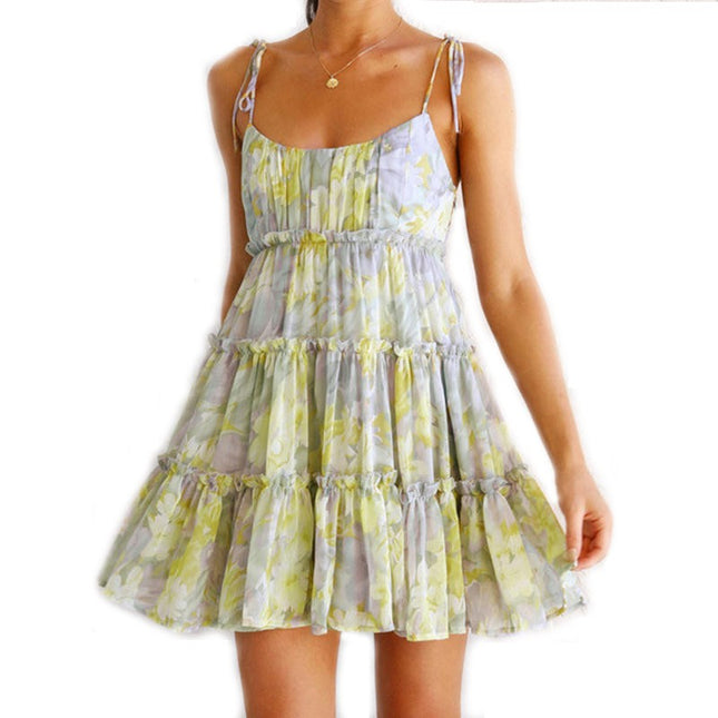 Women's Summer Spaghetti Strap Sleeveless Flowy Tiered A Line Mini Dress