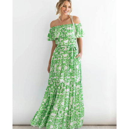 Women's Off Shoulder Summer Casual Ruffle Beach Maxi Dress with Belted