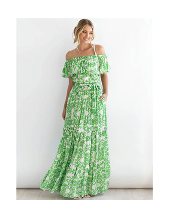 Women's Off Shoulder Summer Casual Ruffle Beach Maxi Dress with Belted