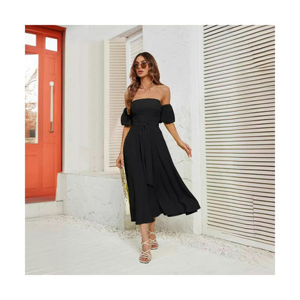 Womens Off Shoulder Short Sleeve Dress Wrap Tie Waist Dresses