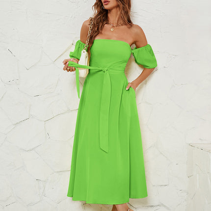 Womens Off Shoulder Short Sleeve Dress Wrap Tie Waist Dresses