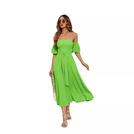 Womens Off Shoulder Short Sleeve Dress Wrap Tie Waist Dresses