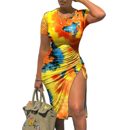 Women's Tie Dye Printed Drawstring Bodycon Dress Round Neck Short Sleeve T Shirt Dress