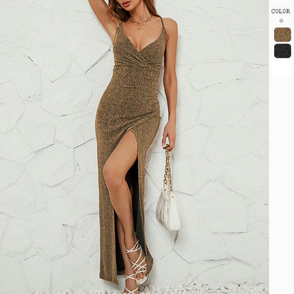 Women's Sexy Spaghetti Strap V Neck High Slit Backless Party Wrap Maxi Dress