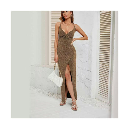 Women's Sexy Spaghetti Strap V Neck High Slit Backless Party Wrap Maxi Dress