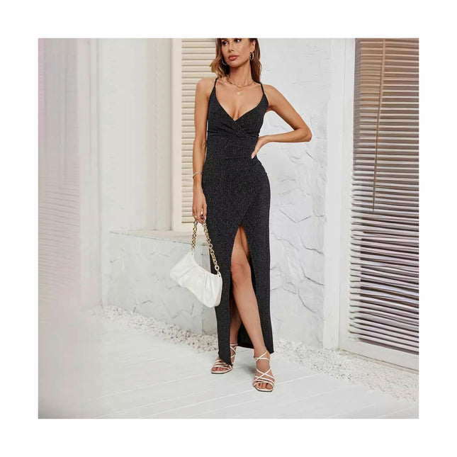 Women's Sexy Spaghetti Strap V Neck High Slit Backless Party Wrap Maxi Dress