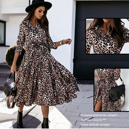 Women's Long Sleeves Button up Tie Waist Printed Shirt Dress