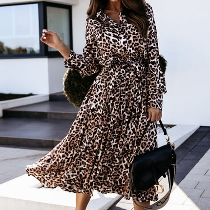 Women's Long Sleeves Button up Tie Waist Printed Shirt Dress